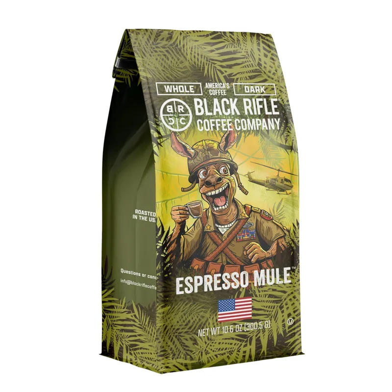 Black Rifle Coffee Company Espresso Mule Dark Roast Whole Bean Coffee – Bold Espresso with Notes of Chocolate, Bing Cherry & Caramelized Sugar 11oz Espresso Mule 11 Ounce (Pack of 1)