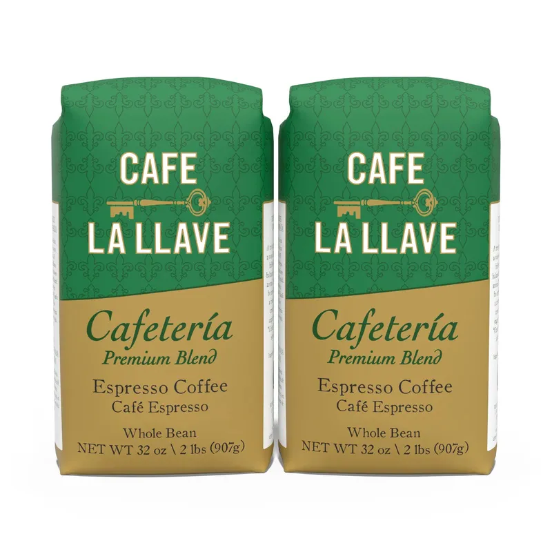 Cafe La Llave Whole Bean Espresso Coffee, Premium Dark Roast, 32 oz Bags (Pack of 2) - Rich Cuban-Style Blend Whole Bean Espresso 32 Ounce (Pack of 2)