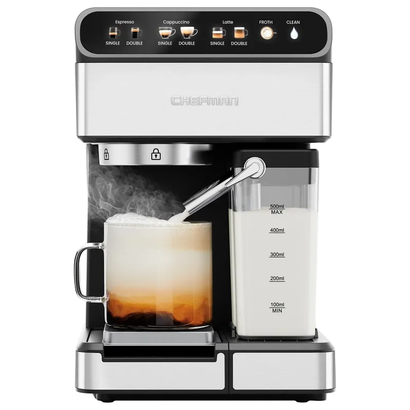 Chefman CaféMaster Pro Espresso Machine, Brew Single or Double Shots, Coffee Maker with Built-In Milk Frother for Cappuccino & Latte, XL 1.8 Liter Removable Water Reservoir - Stainless Steel Automatic