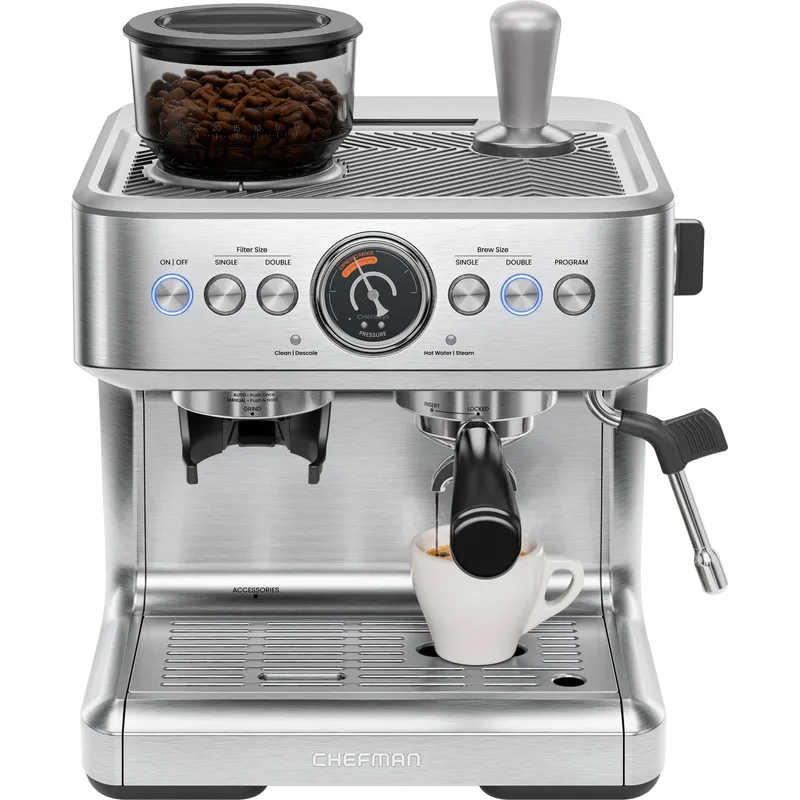 Chefman Crema Supreme 15 Bar Espresso Machine with Milk Frother, Barista Steam Wand, Professional Coffee Maker with Coffee Grinder, 30 Grind Settings, 3L Removable Water Tank - Stainless Steel Semi-Automatic