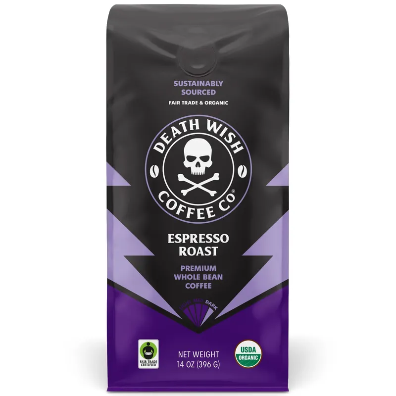 Death Wish Coffee, Whole Bean Espresso Roast - Organic, Fair Trade, Arabica and Robusta Coffee Beans, 14 ounce (Pack of 1) Espresso 14 Ounce (Pack of 1)
