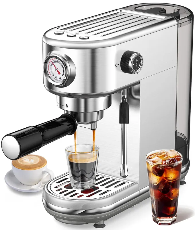 Espresso Machine with Milk Frother, 20 Bar Pressure Espresso Maker, with 44OZ Removable Tank, Compact Stainless Steel Coffee Machine for Home, Office, Latte, Cappuccino, Gift for Women or Men A-Silver