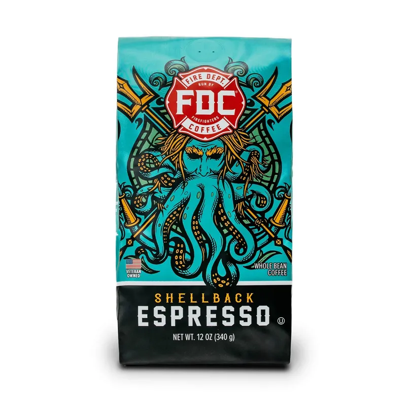 Fire Department Coffee - Gives Back to Firefighters - Bold & Smooth Shellback Espresso Coffee Beans - Roasted in the USA - Veteran Owned - 12 oz Shellback Espresso Whole Bean 12 Ounce (Pack of 1)