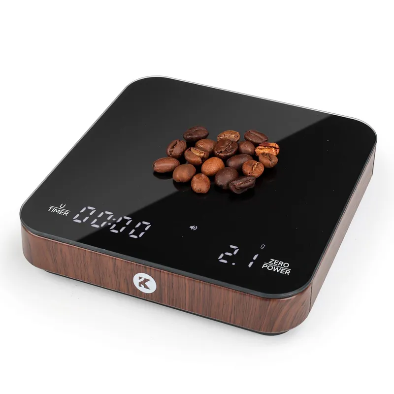 KitchenTour CaféMetric Coffee Scale with Timer 0.1g/2000g - Precision Small Scale for Espresso & Pour Over - Mini Scale with LED Display (Wood, AAA Battery) Wood 2000g Capacity - AAA Battery