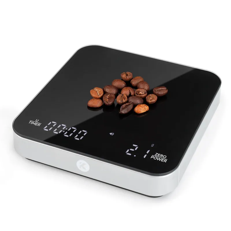 KitchenTour CaféMetric Coffee Scale with Timer 0.1g/2000g - Precision Small Scale for Espresso & Pour Over - Mini Scale with LED Display (Silver, AAA Battery) Silver 2000g Capacity - AAA Battery