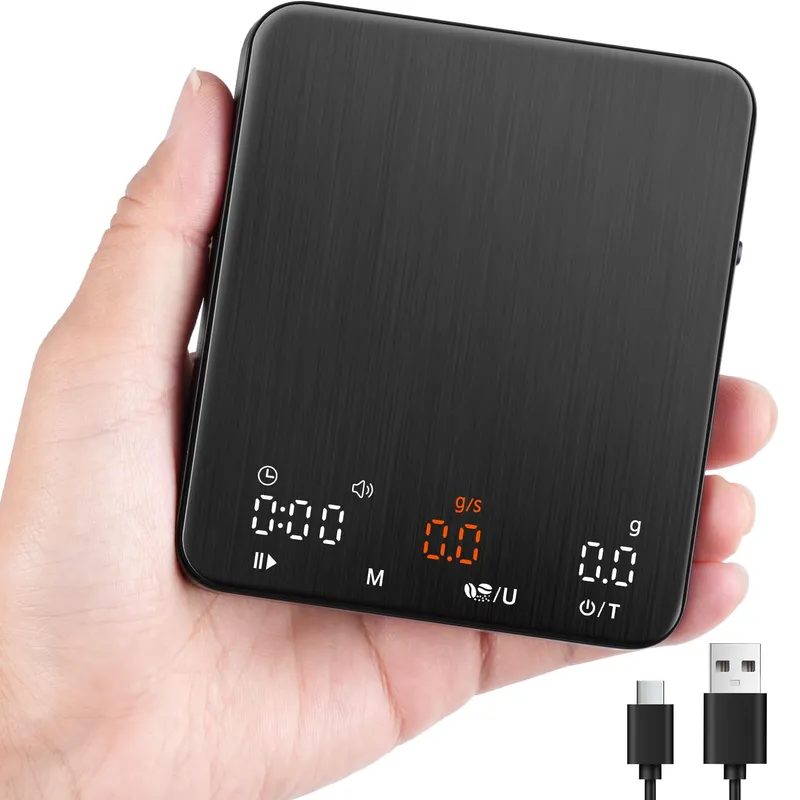 Mini Espresso Coffee Scale with Timer & Flow Rate, 2kg/0.1g Precision Digital Coffee Scale, Portable Espresso Scale Rechargeable via USB-C, Triple Brew Modes, LED Display, Mute Mode, g/oz/lb:oz 2 kg - Mini Size