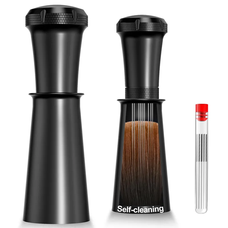 Nessus WDT Espresso Distribution Tool, Espresso Accessories with Built-in Cleaning Brush, 0.35mm 10 Needle Distributor and Extra 10 Needles for Espresso Stirrer, Aluminum Handle with Stand for Barista Black