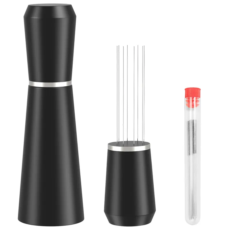 WDT Espresso Distribution Tool, 0.35mm 8 Needle Coffee Stirrer with 8 Extra Needles, 304 Stainless Steel, Aluminum Alloy Handle with Stand, Barista Espresso Whisk Tool (Metal Black) Black-A