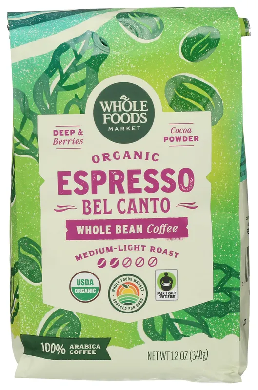 Whole Foods Market, Organic Espresso Bel Canto Whole Bean Coffee, Medium-Light Roast, Berries & Cocoa Powder, 12 Ounce 12 Ounce (Pack of 1)