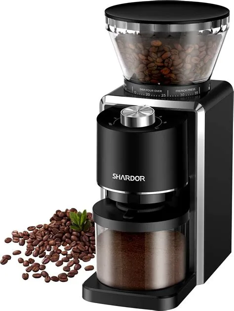 Electric conical burr coffee grinder with bean hopper and grind chute