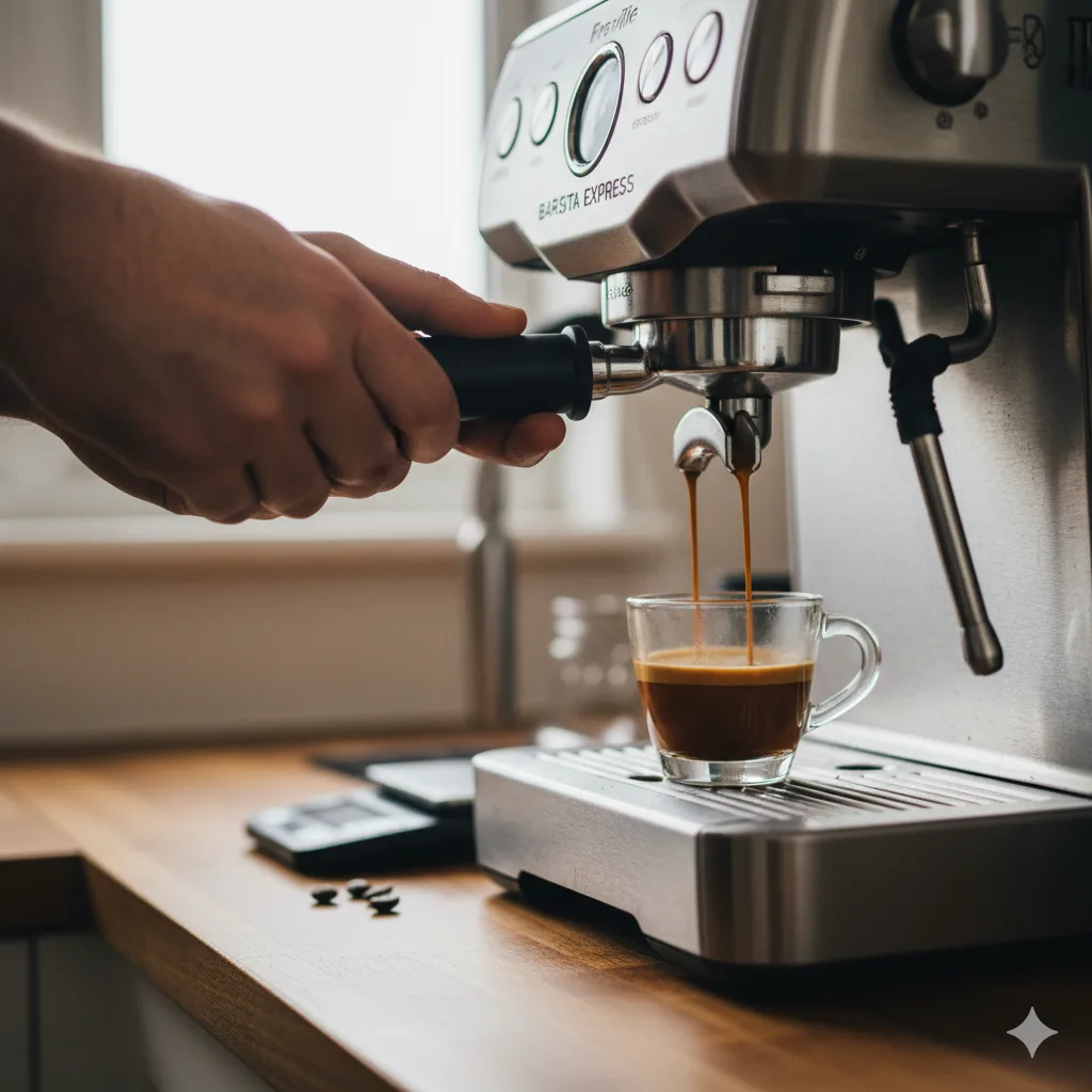 Close-up of hands attaching the portafilter to a Breville Barista Express espresso machine, with a perfect stream of espresso flowing into a clear glass cup, demonstrating the first shot process.