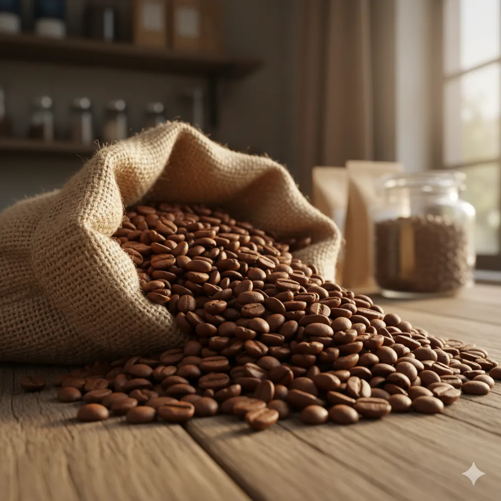 A burlap sack overflowing with freshly roasted, high-quality whole espresso beans ready for purchase online