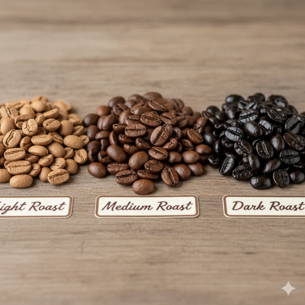 A comparison of light, medium, and dark roast whole espresso beans laid out side-by-side, showcasing the difference in color and oiliness.