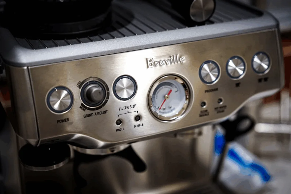 Breville coffee machine with focus on pressure gauge