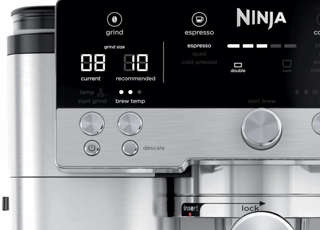 Ninja Luxe ES601 digital control panel showing Barista Assist Technology interface with brewing options