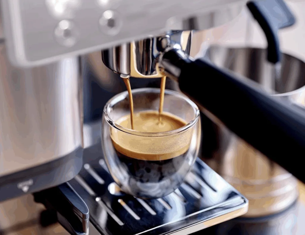 Ninja Luxe ES601 brewing espresso shot showing golden crema and perfect extraction into white ceramic cup