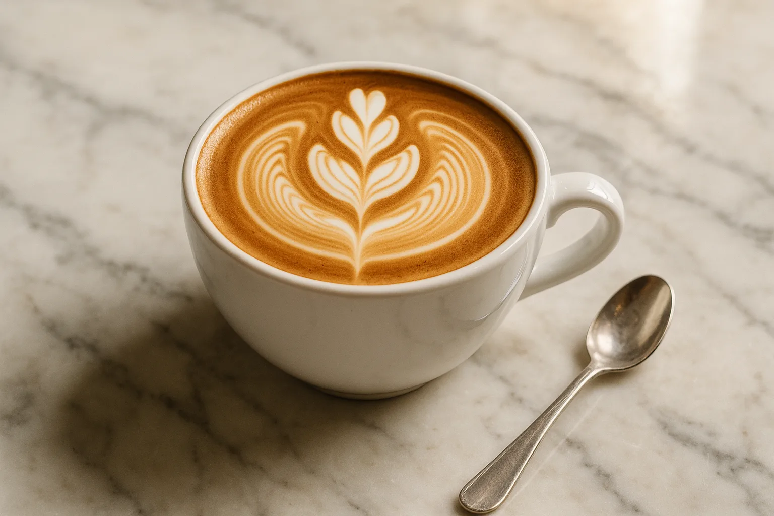 Capuccino with beautiful altte art in a white cup