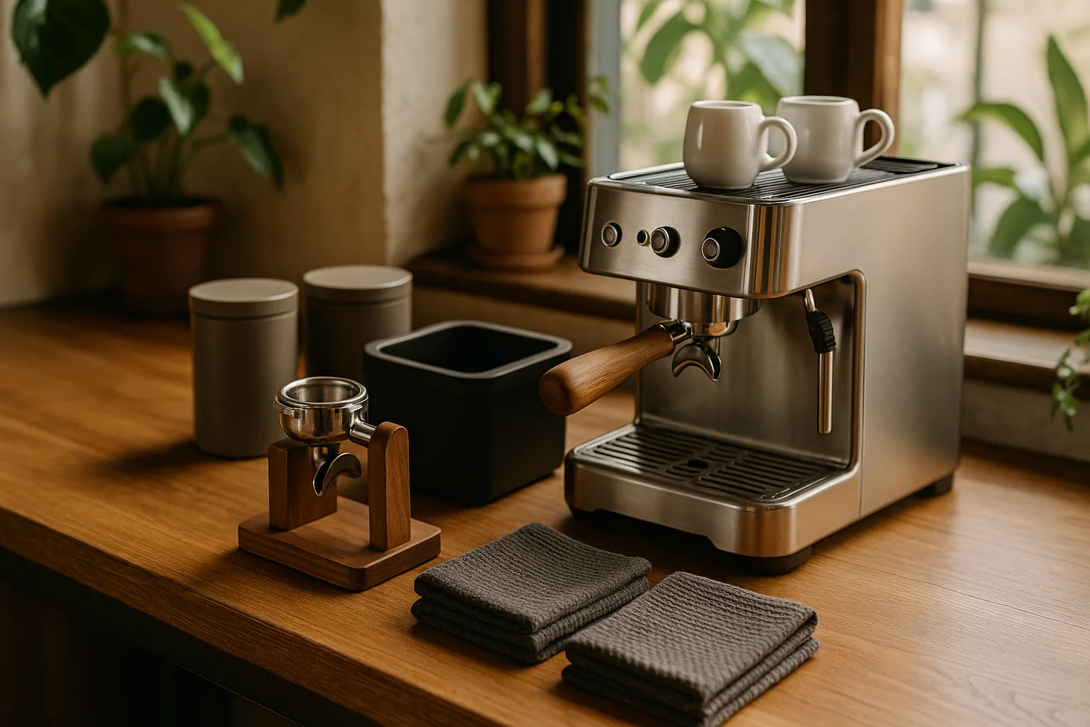 Beautiful espresso station setup on wooden counter with organized accessories: portafilter stand, espresso machine cleaning towels, espresso cups, and more