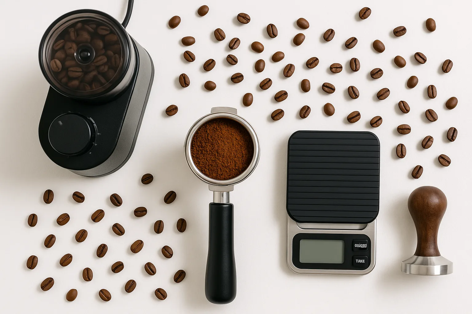 Common espresso home barista tools on a table top, including a portafilter, tamper, scale and a grinder