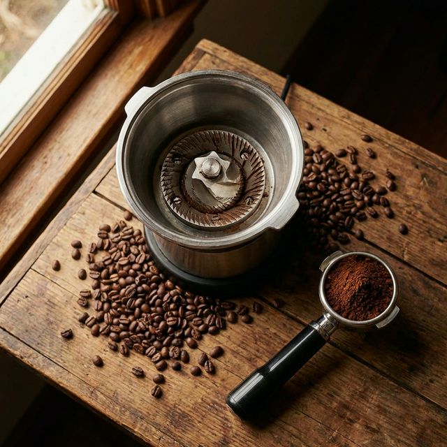 Coffee grinder with fresh beans for espresso extraction
