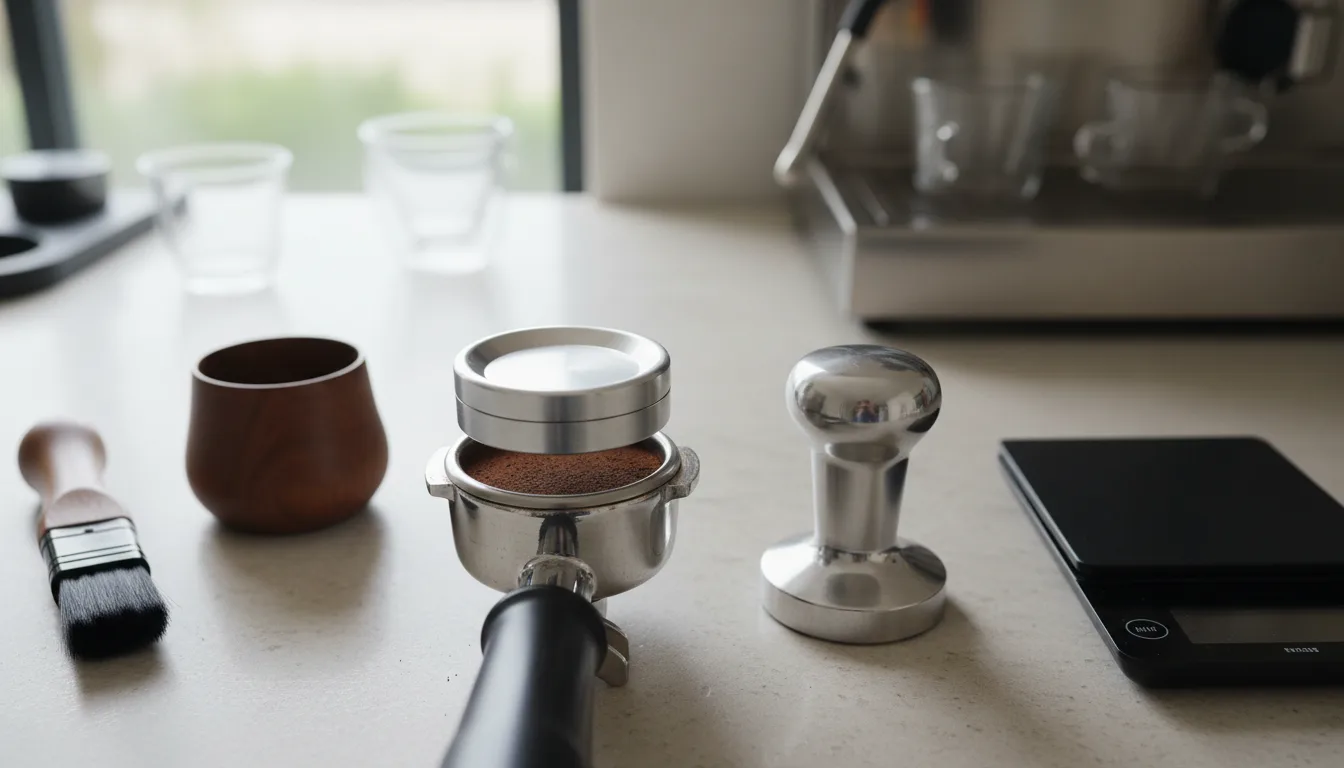 Top-down espresso puck leveling and tamp alignment