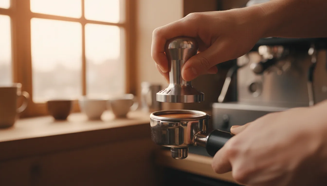 Barista applying level tamp pressure for espresso extraction